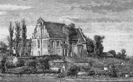 Kościół Wniebowzięcia NMP w Sierpcu. Rycina z "Tygodnika Ilustrowanego" z 1873 roku, z widoczną na pierwszym planie, murowaną dzwonnicą z 1837 roku